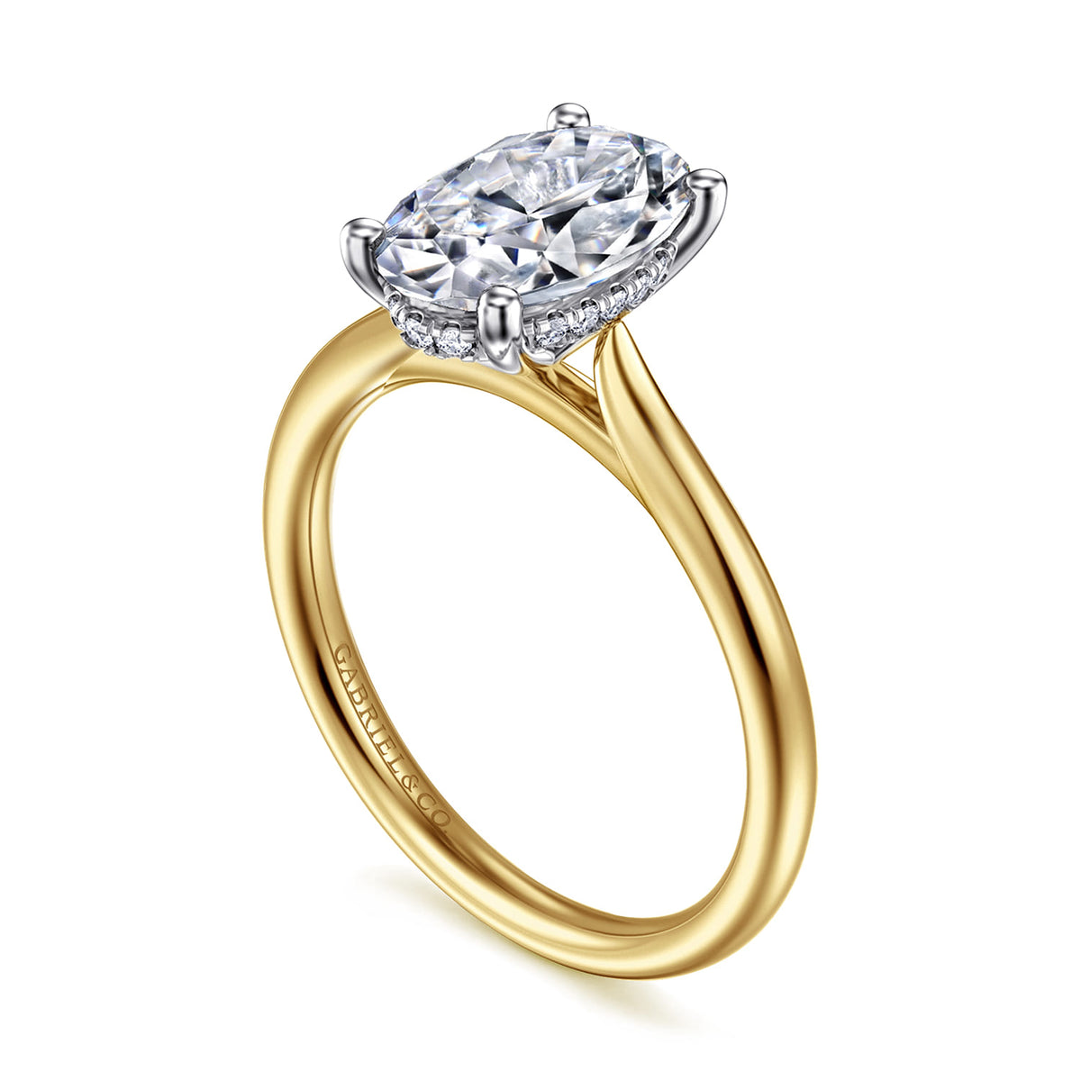 14K White-Yellow Gold Oval Solitaire Diamond Engagement Ring — Gabriel & Co. ER16512O8M44JJ; center stone shown for illustration, not included