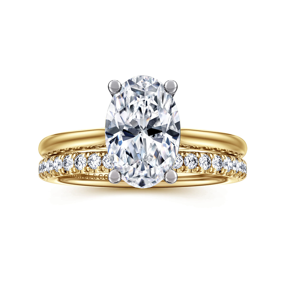 14K White-Yellow Gold Oval Solitaire Diamond Engagement Ring — Gabriel & Co. ER16512O8M44JJ; center stone shown for illustration, not included