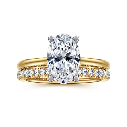 14K White-Yellow Gold Oval Solitaire Diamond Engagement Ring — Gabriel & Co. ER16512O8M44JJ; center stone shown for illustration, not included