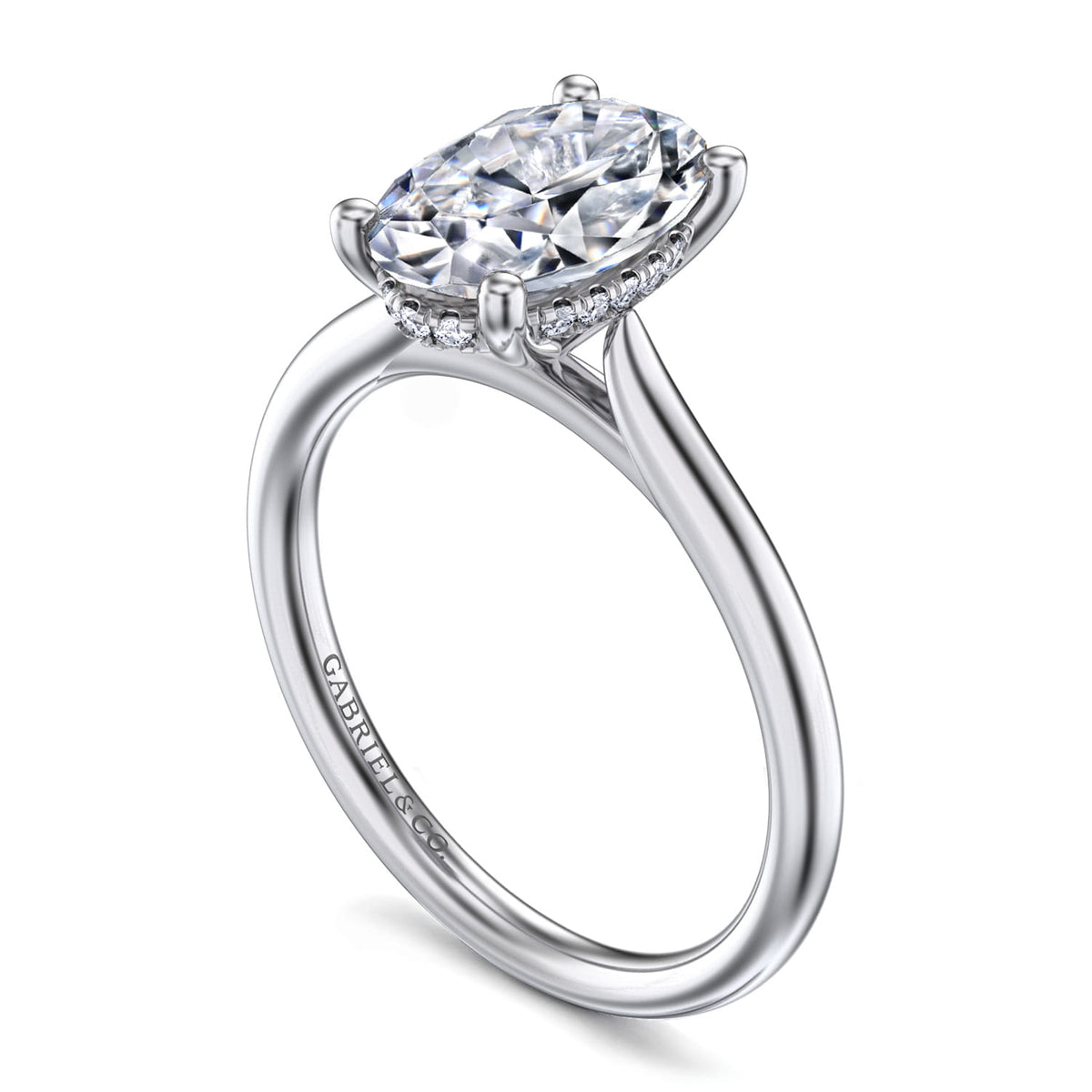 14K White Gold Oval Solitaire Diamond Engagement Ring — Gabriel & Co. ER16512O8W44JJ; center stone shown for illustration, not included