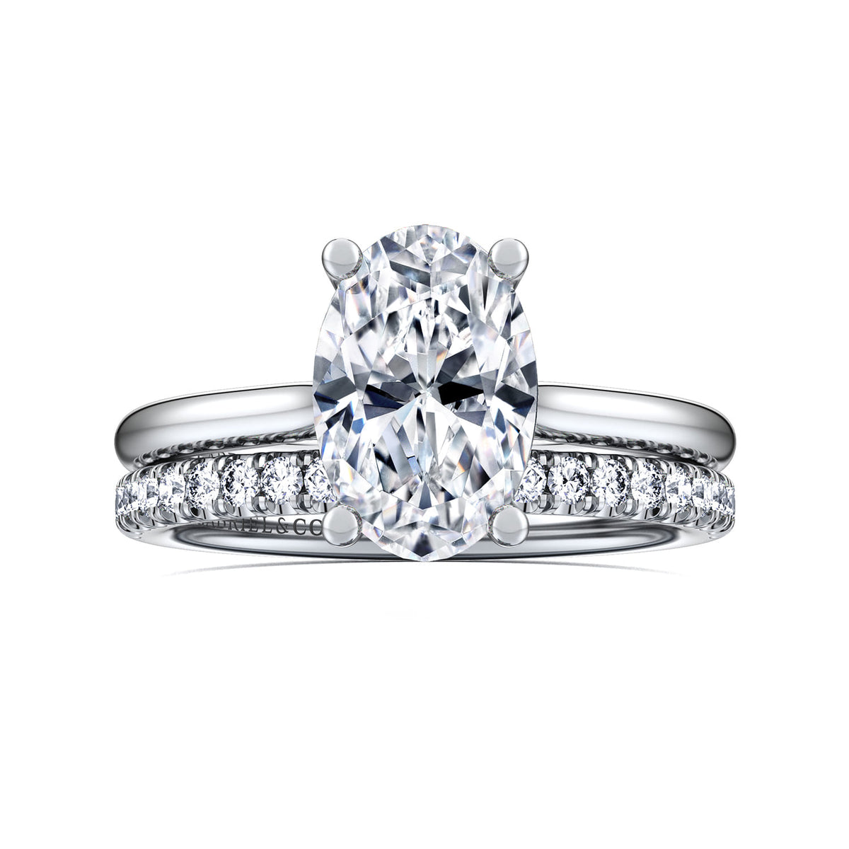 14K White Gold Oval Solitaire Diamond Engagement Ring — Gabriel & Co. ER16512O8W44JJ; center stone shown for illustration, not included