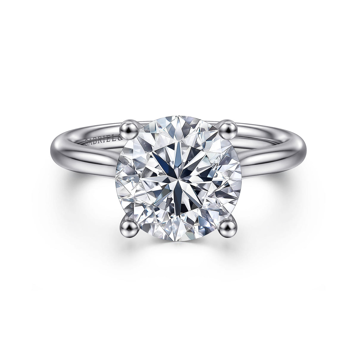 14K White Gold Round Solitaire Diamond Engagement Ring — Gabriel & Co. ER16512R12W44JJ; center stone shown for illustration, not included