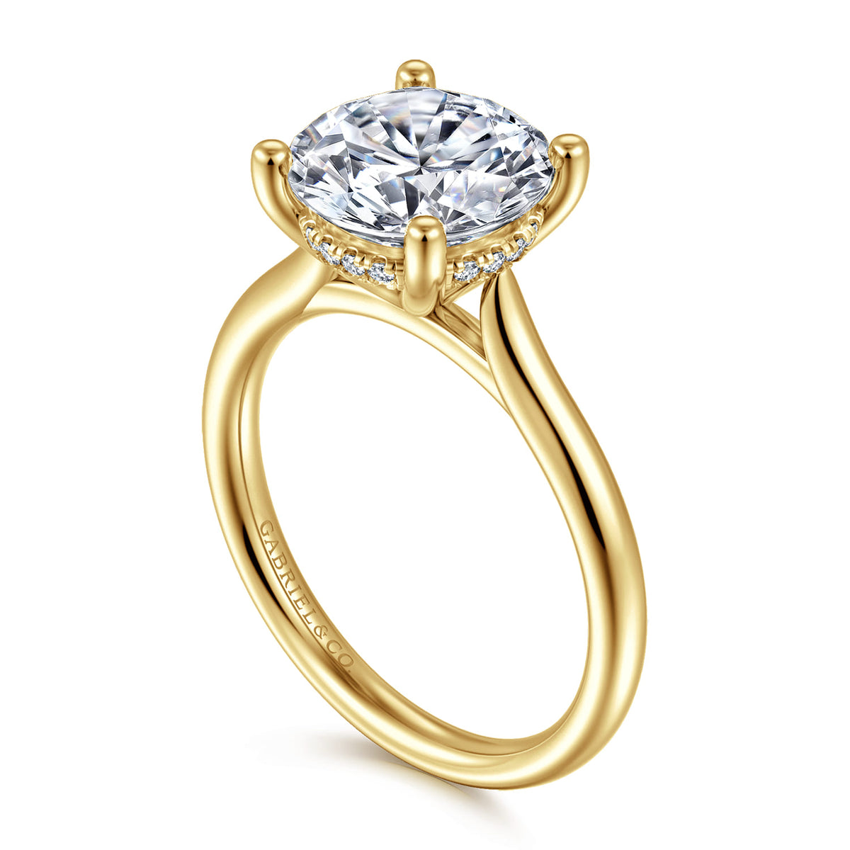 14K Yellow Gold Round Solitaire Diamond Engagement Ring — Gabriel & Co. ER16512R12Y44JJ; center stone shown for illustration, not included