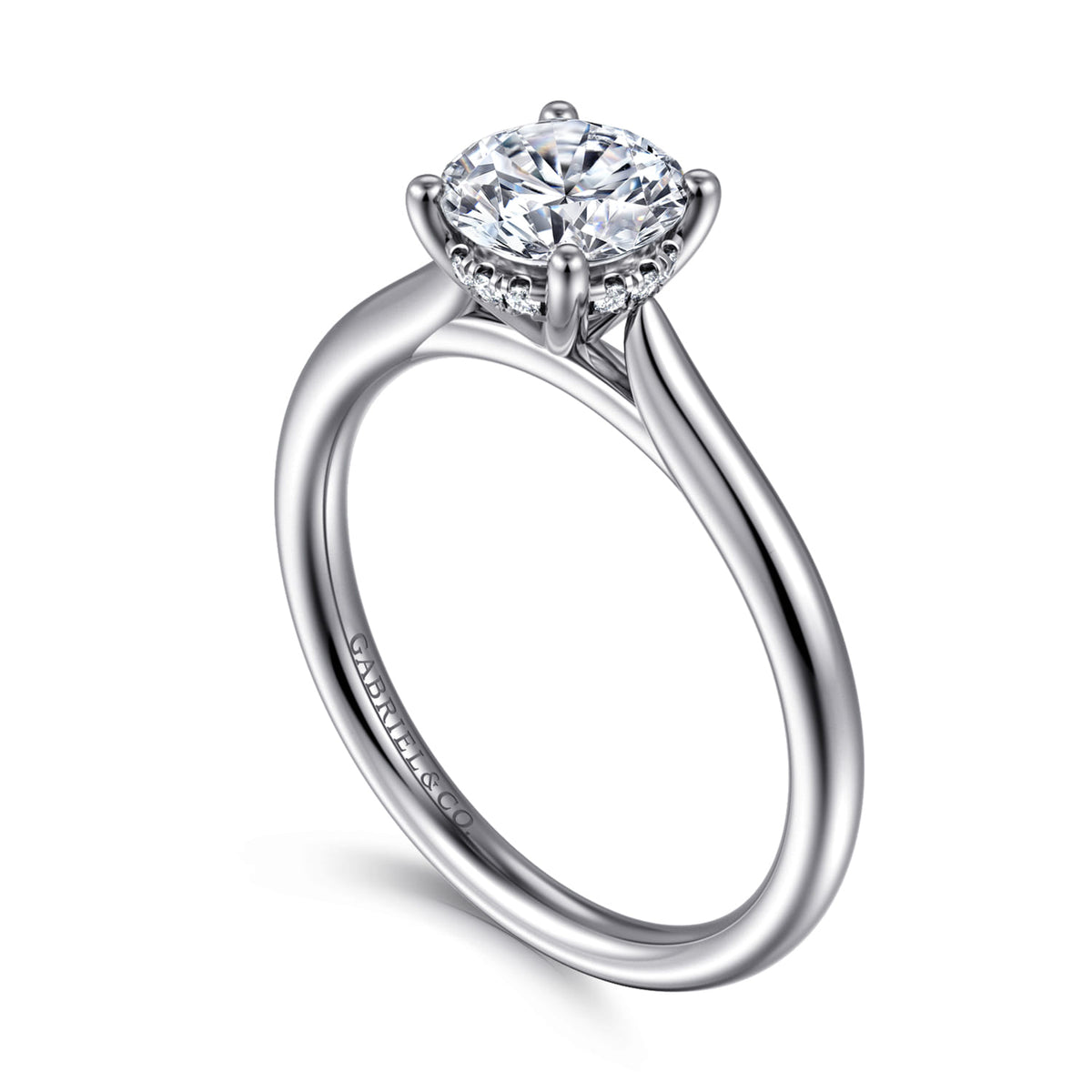 14K White Gold Round Solitaire Diamond Engagement Ring — Gabriel & Co. ER16512R4W44JJ; center stone shown for illustration, not included