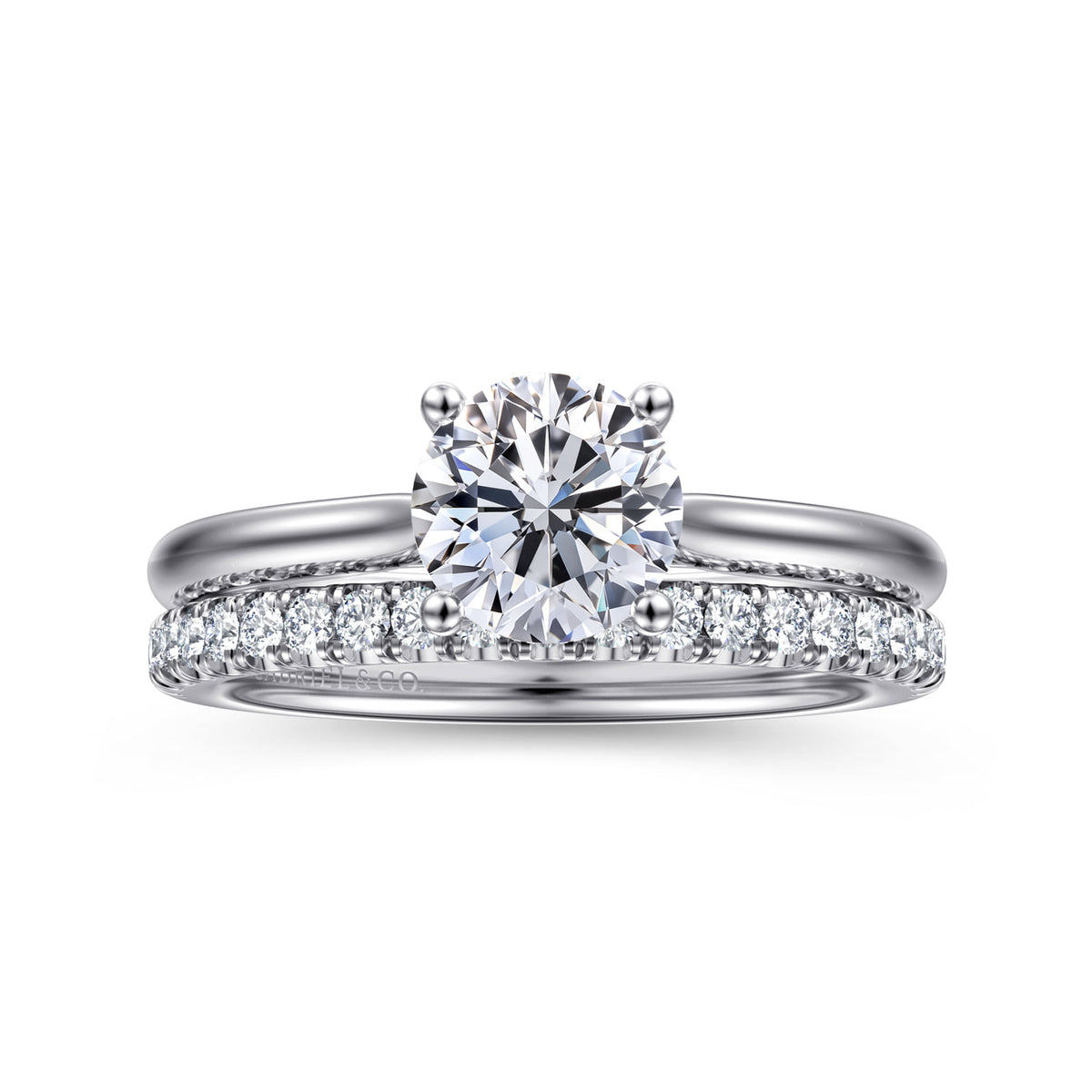 14K White Gold Round Solitaire Diamond Engagement Ring — Gabriel & Co. ER16512R4W44JJ; center stone shown for illustration, not included
