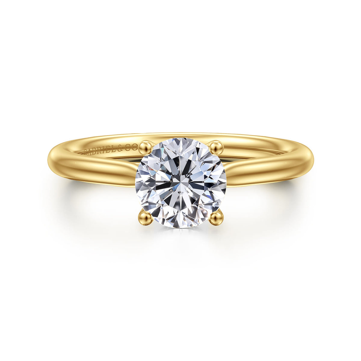 14K Yellow Gold Round Solitaire Diamond Engagement Ring — Gabriel & Co. ER16512R4Y44JJ; center stone shown for illustration, not included