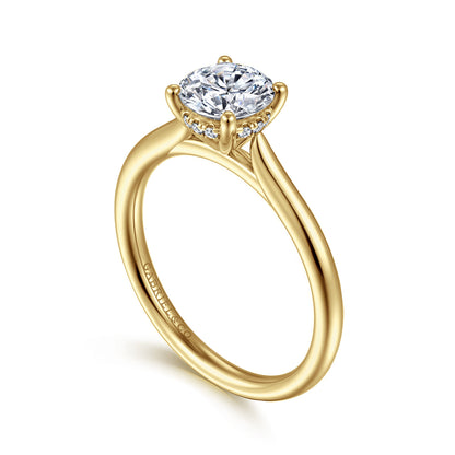 14K Yellow Gold Round Solitaire Diamond Engagement Ring — Gabriel & Co. ER16512R4Y44JJ; center stone shown for illustration, not included
