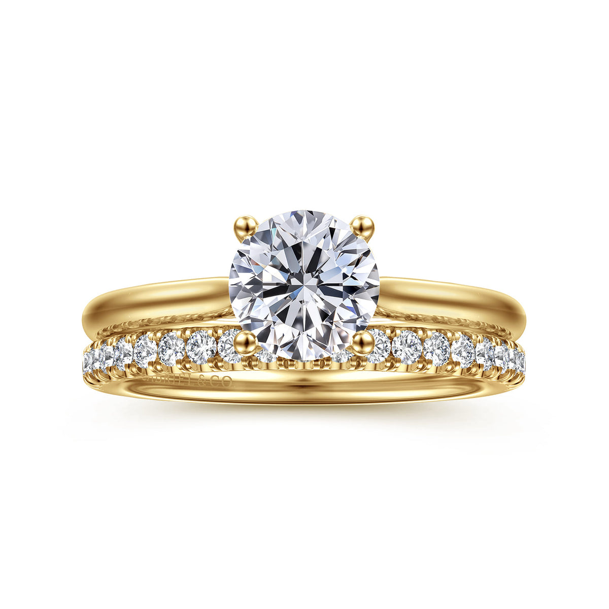 14K Yellow Gold Round Solitaire Diamond Engagement Ring — Gabriel & Co. ER16512R4Y44JJ; center stone shown for illustration, not included