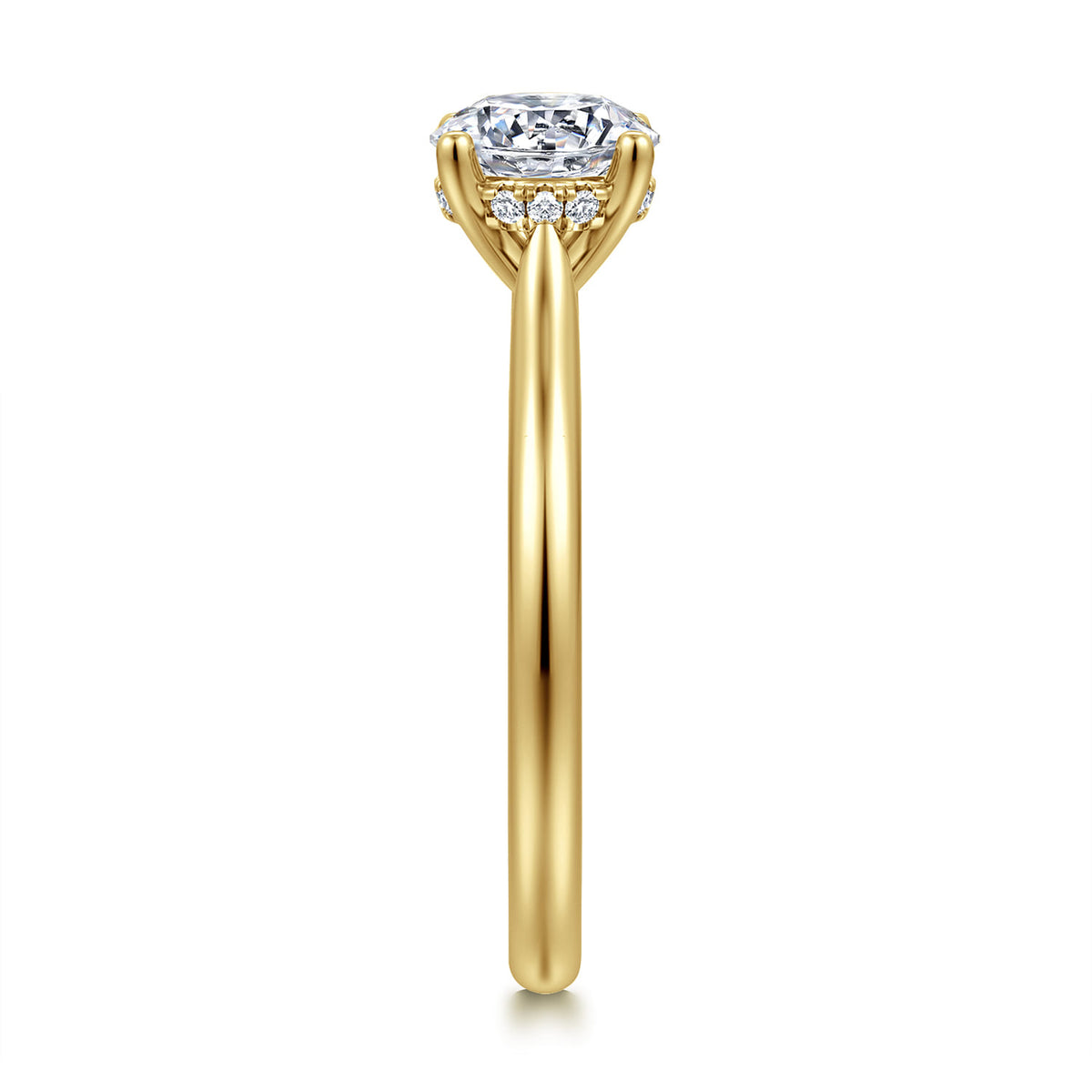 14K Yellow Gold Round Solitaire Diamond Engagement Ring — Gabriel & Co. ER16512R4Y44JJ; center stone shown for illustration, not included