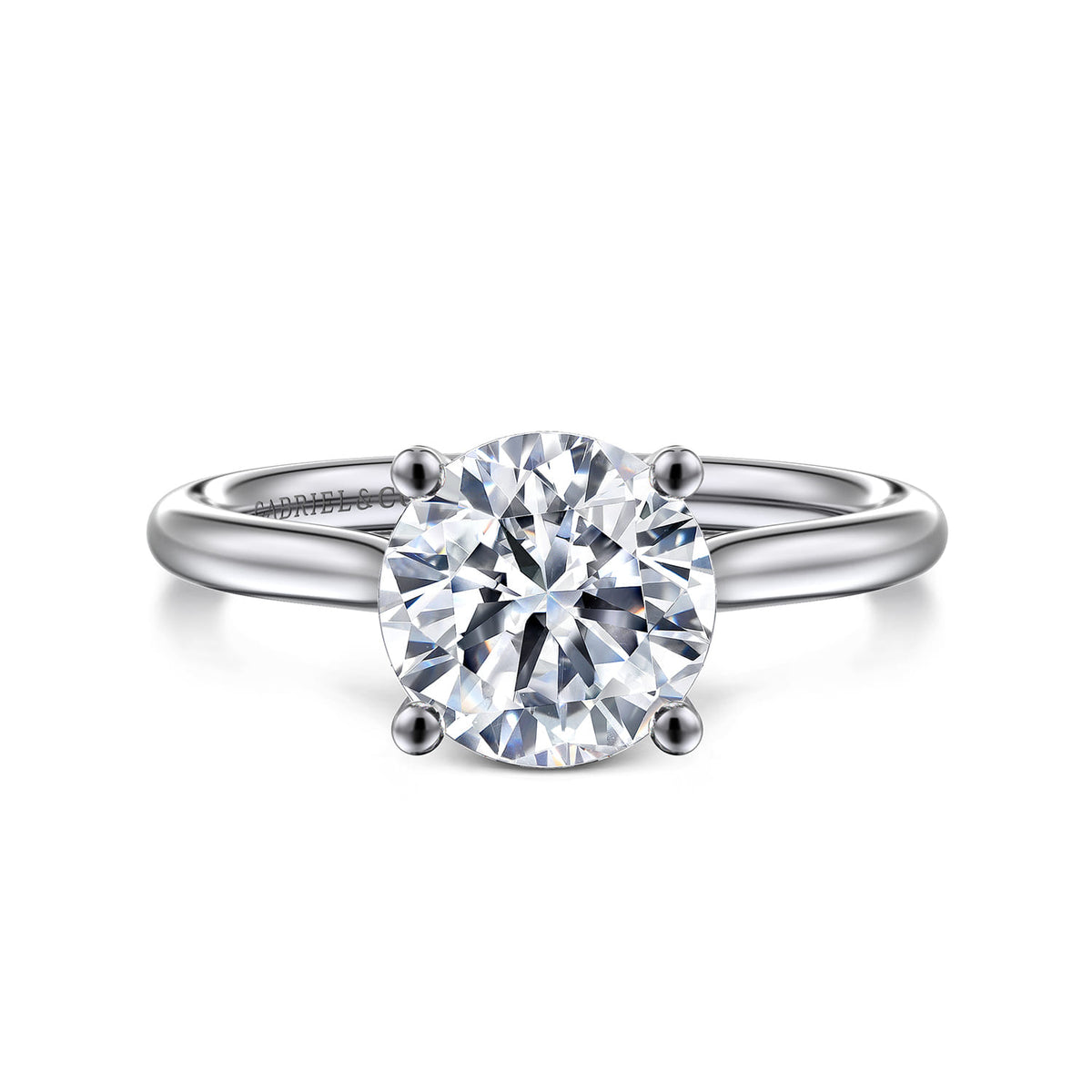 Platinum Round Solitaire Diamond Engagement Ring — Gabriel & Co. ER16512R8PT4JJ; center stone shown for illustration, not included