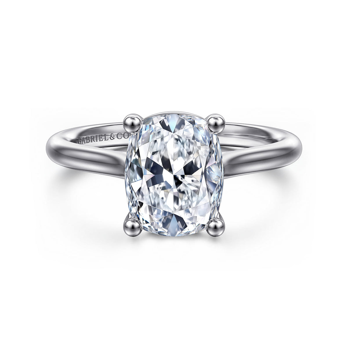 14K White Gold Elongated Cushion Solitaire Diamond Engagement Ring — Gabriel & Co. ER16514G10W4JJJ; center stone shown for illustration, not included