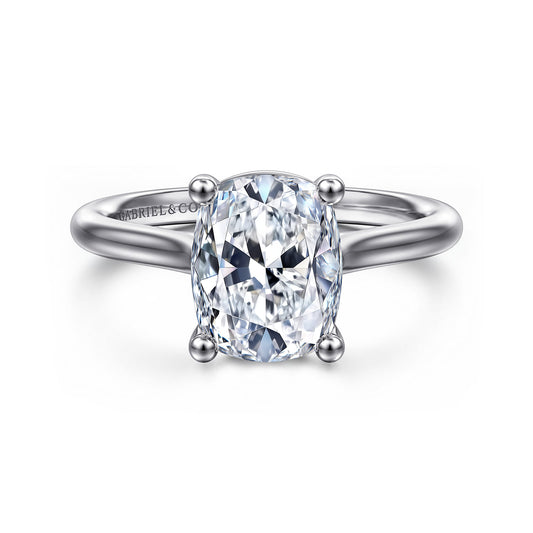 14K White Gold Elongated Cushion Solitaire Diamond Engagement Ring — Gabriel & Co. ER16514G10W4JJJ; center stone shown for illustration, not included