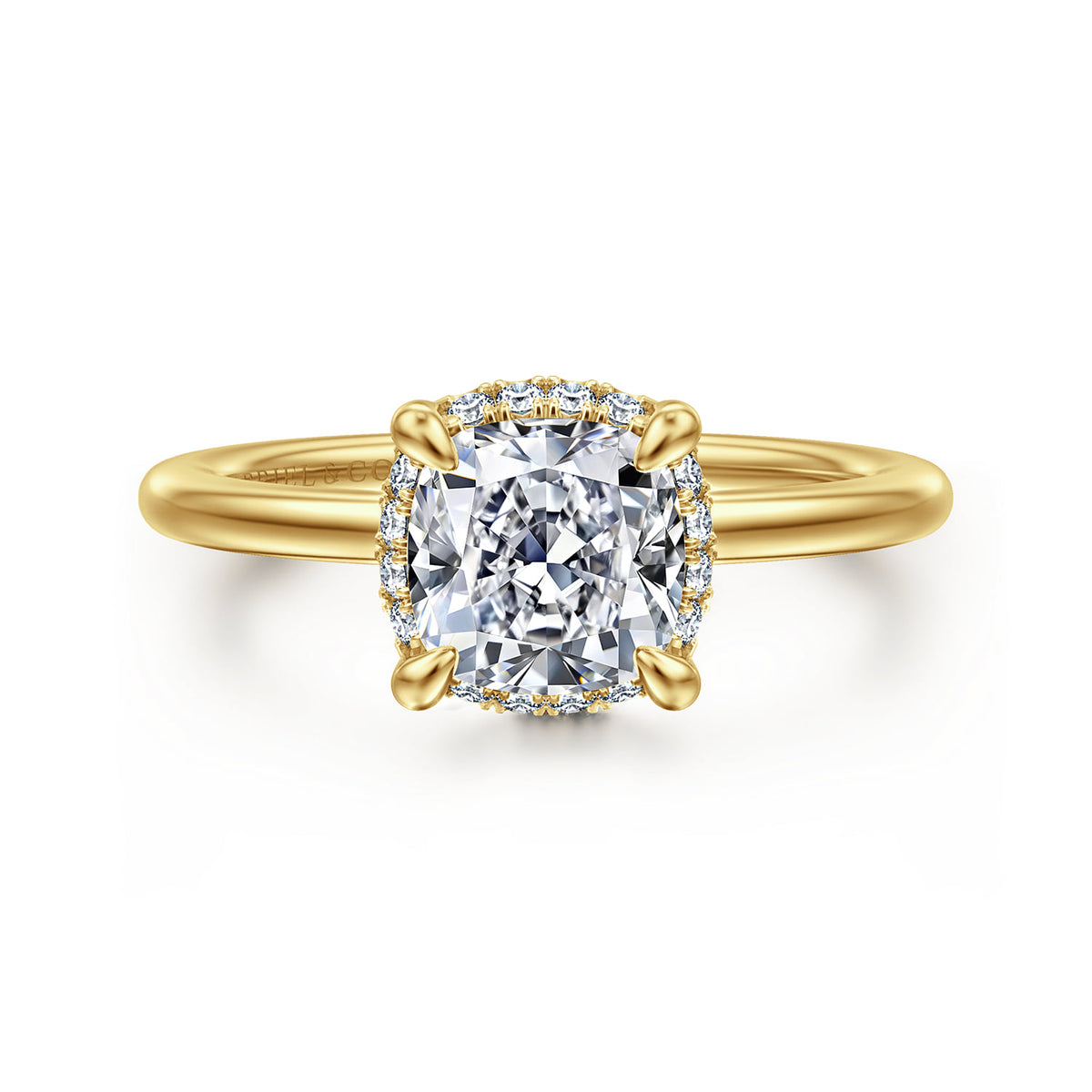 14K Yellow Gold Cushion Hidden Halo Diamond Engagement Ring — ER16516C6Y44JJ; center stone shown for illustration, not included