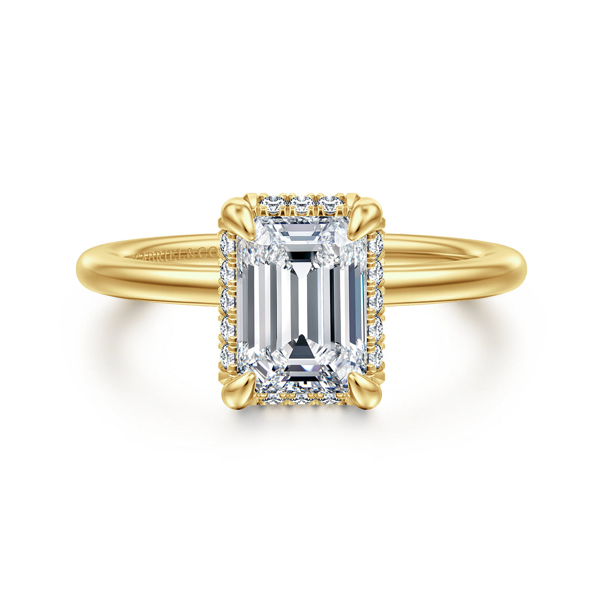14K Yellow Gold Emerald Cut Hidden Halo Diamond Engagement Ring — ER16516E6Y44JJ; center stone shown for illustration, not included