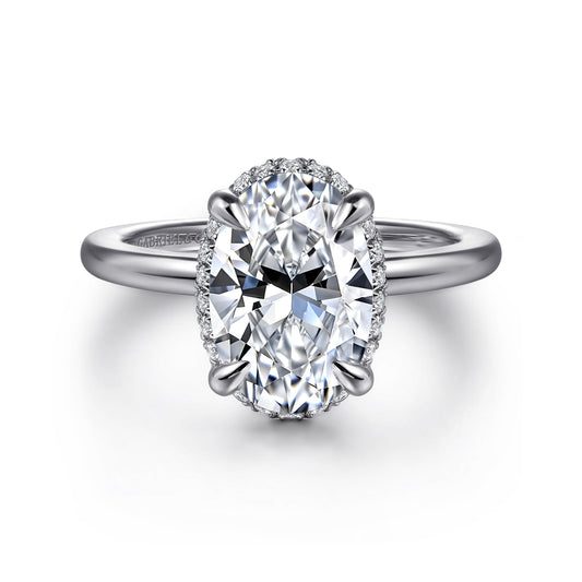 14K White Gold Oval Hidden Halo Diamond Engagement Ring — Gabriel & Co. ER16516O8W44JJ; center stone shown for illustration, not included