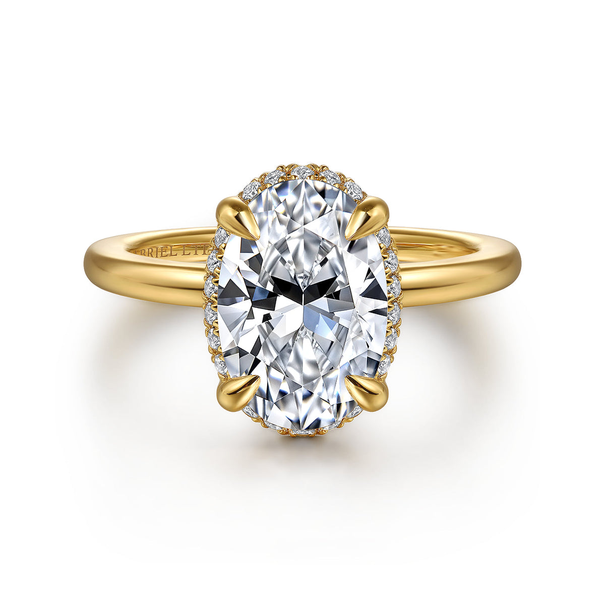 14K Yellow Gold Oval Hidden Halo Diamond Engagement Ring — Gabriel & Co. ER16516O8Y44JJ; center stone shown for illustration, not included