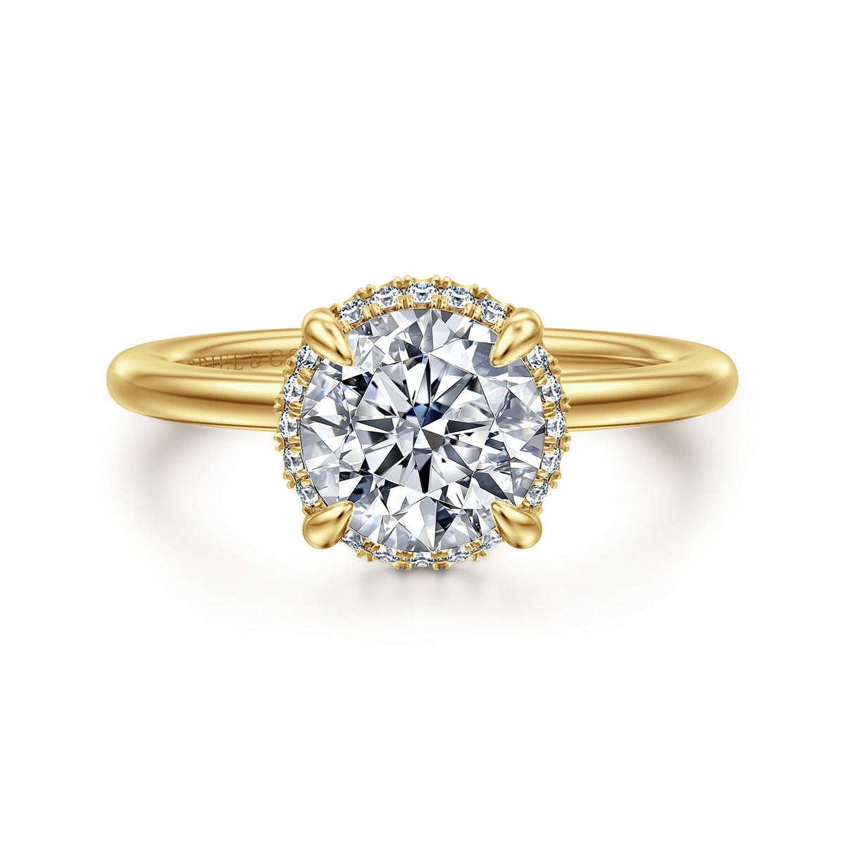 14K Yellow Gold Round Hidden Halo Diamond Engagement Ring — ER16516R6Y44JJ; center stone shown for illustration, not included