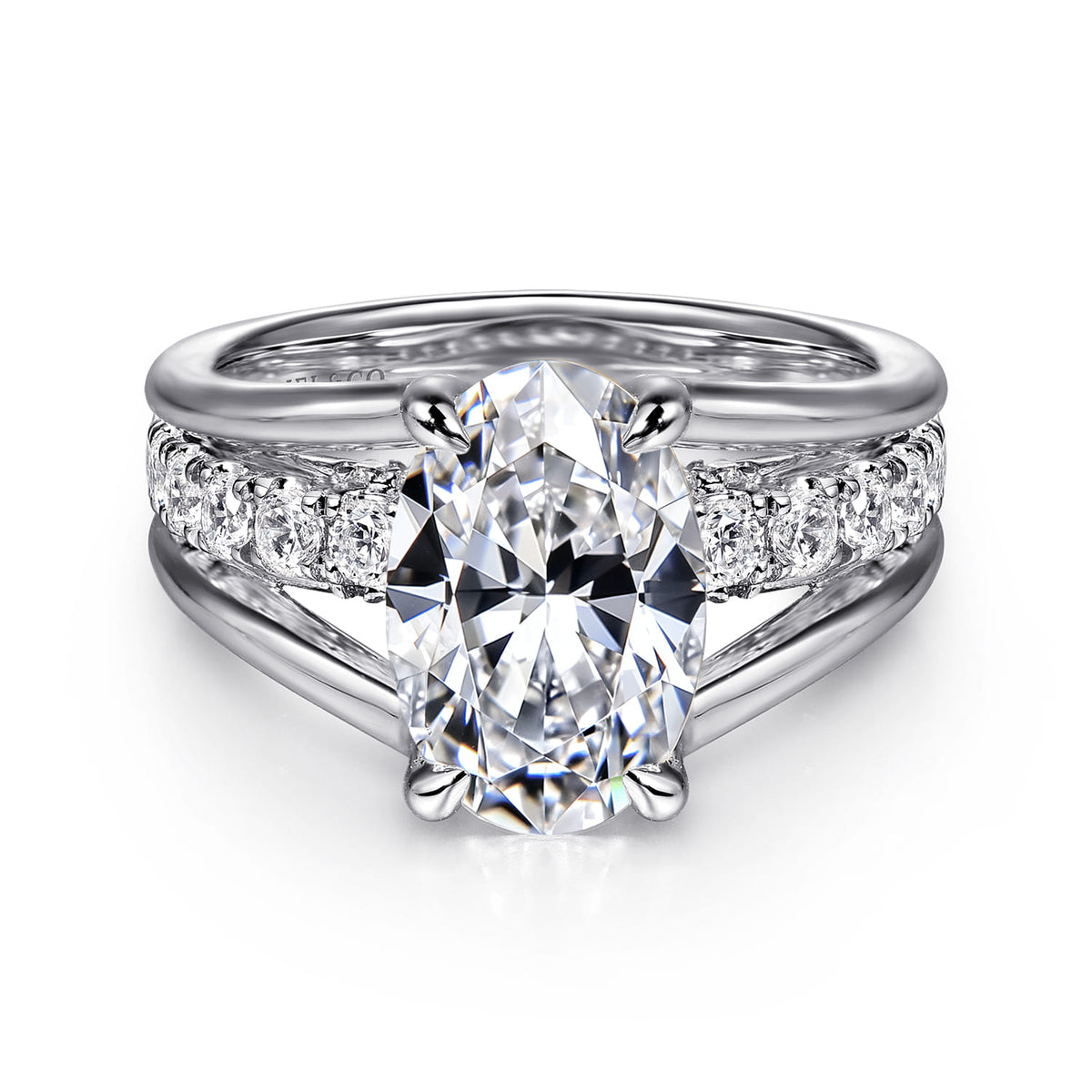 14K White Gold  Split Shank Oval Diamond Engagement Ring — Gabriel & Co. ER16518O8W44JJ; center stone shown for illustration, not included