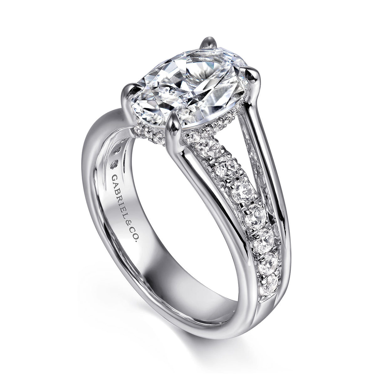 14K White Gold  Split Shank Oval Diamond Engagement Ring — Gabriel & Co. ER16518O8W44JJ; center stone shown for illustration, not included