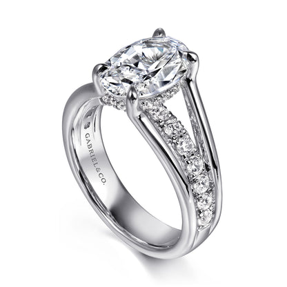 14K White Gold  Split Shank Oval Diamond Engagement Ring — Gabriel & Co. ER16518O8W44JJ; center stone shown for illustration, not included