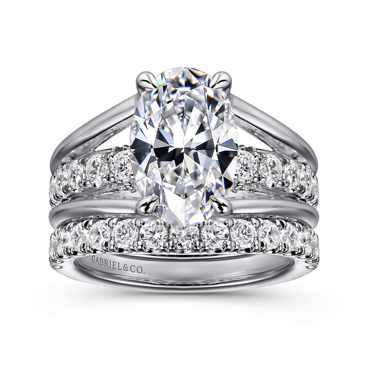 14K White Gold  Split Shank Oval Diamond Engagement Ring — Gabriel & Co. ER16518O8W44JJ; center stone shown for illustration, not included