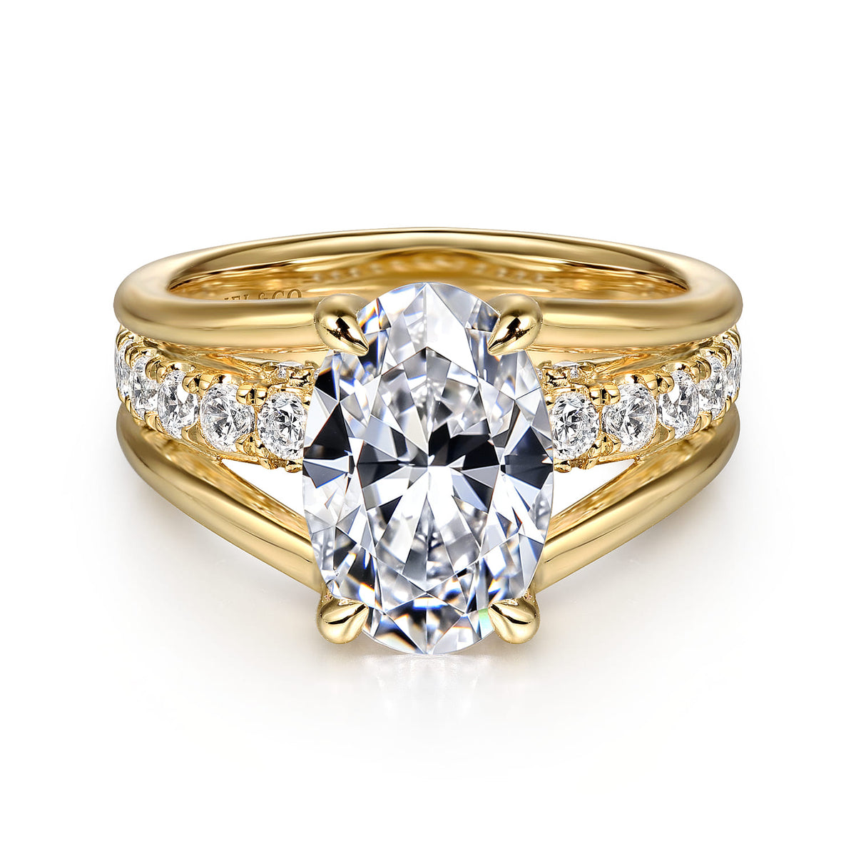 14K Yellow Gold Split Shank Oval Diamond Engagement Ring — Gabriel & Co. ER16518O8Y44JJ; center stone shown for illustration, not included