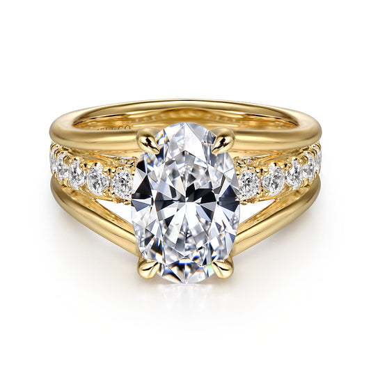 14K Yellow Gold Split Shank Oval Diamond Engagement Ring — Gabriel & Co. ER16518O8Y44JJ; center stone shown for illustration, not included