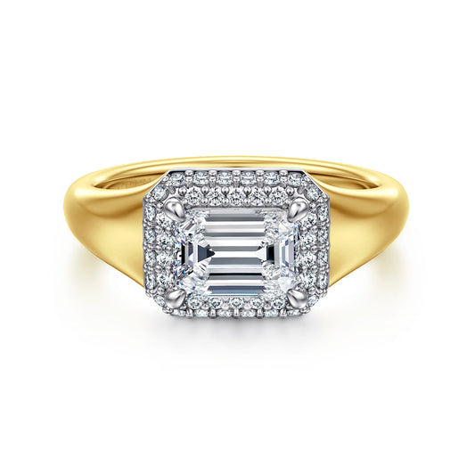 14K White-Yellow Gold Emerald Cut Double Halo Diamond Engagement Ring — Gabriel & Co. ER16519E5M44JJ; center stone shown for illustration, not included