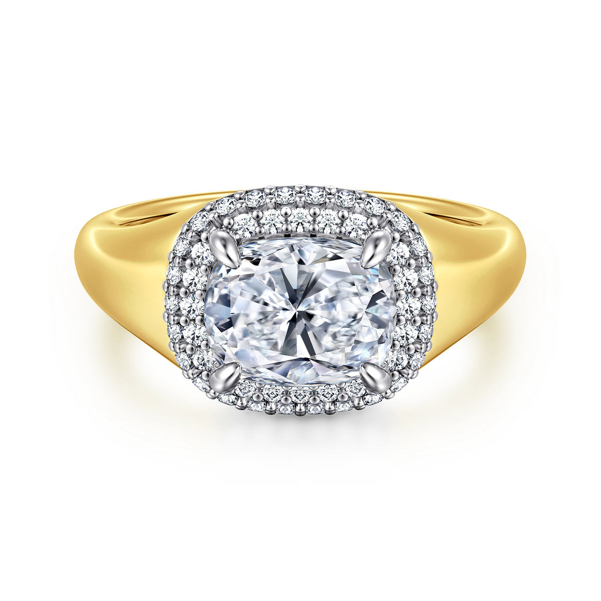 14K White-Yellow Gold Elongated Cushion Double Halo Diamond Engagement Ring — Gabriel & Co. ER16519G8M44JJ; center stone shown for illustration, not included