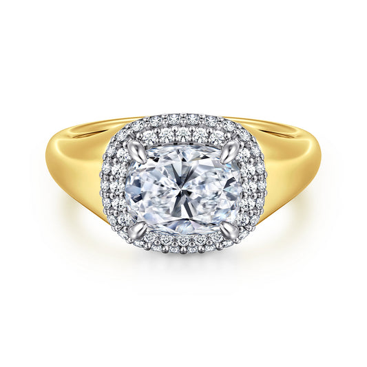 14K White-Yellow Gold Elongated Cushion Double Halo Diamond Engagement Ring — Gabriel & Co. ER16519G8M44JJ; center stone shown for illustration, not included