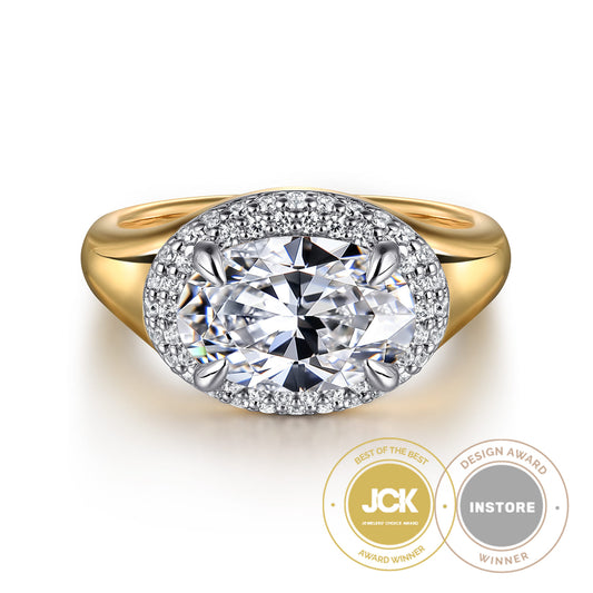 14K White-Yellow Gold Oval Double Halo Diamond Engagement Ring — Gabriel & Co. ER16519O8M44JJ; center stone shown for illustration, not included