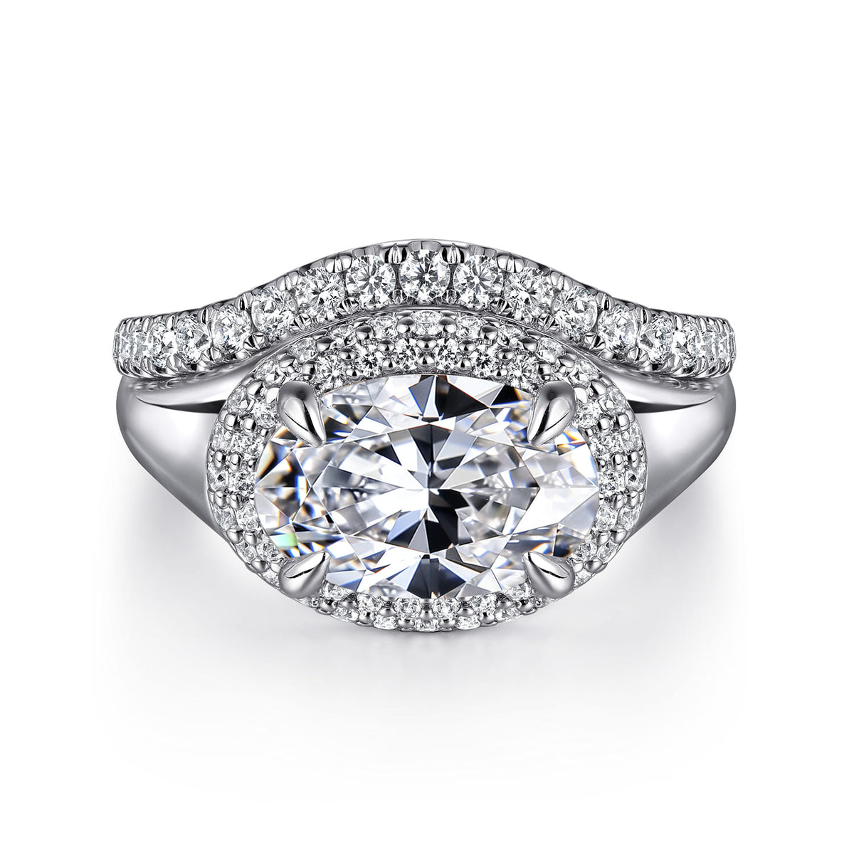 14K White Gold Oval Double Halo Diamond Engagement Ring — Gabriel & Co. ER16519O8W44JJ; center stone shown for illustration, not included