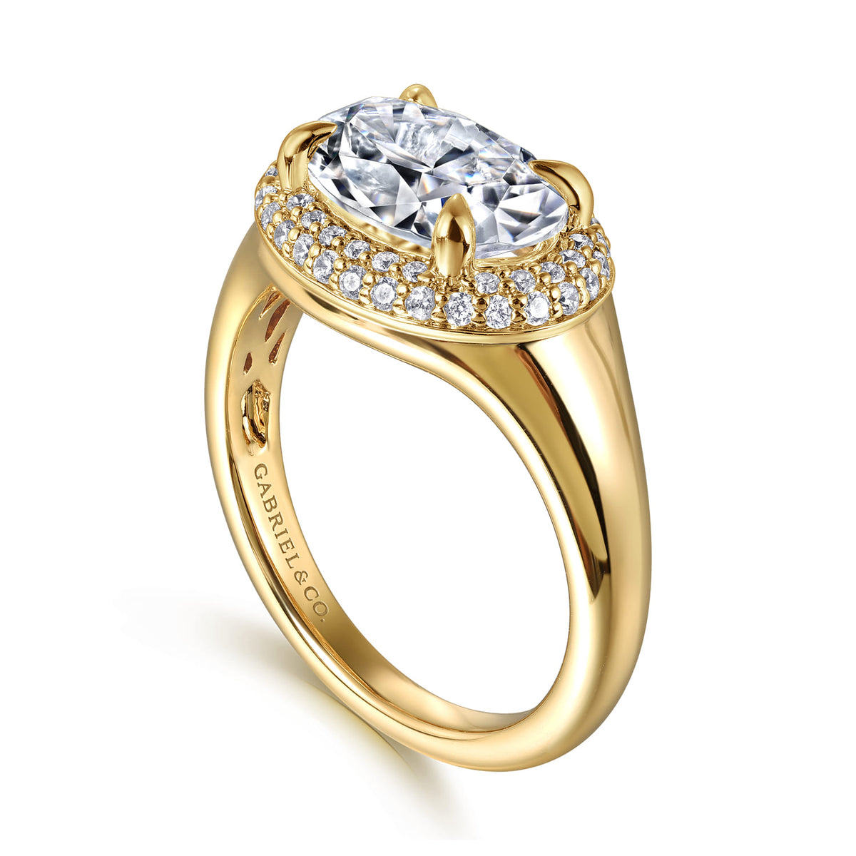 14K Yellow Gold Oval Double Halo Diamond Engagement Ring — Gabriel & Co. ER16519O8Y44JJ; center stone shown for illustration, not included