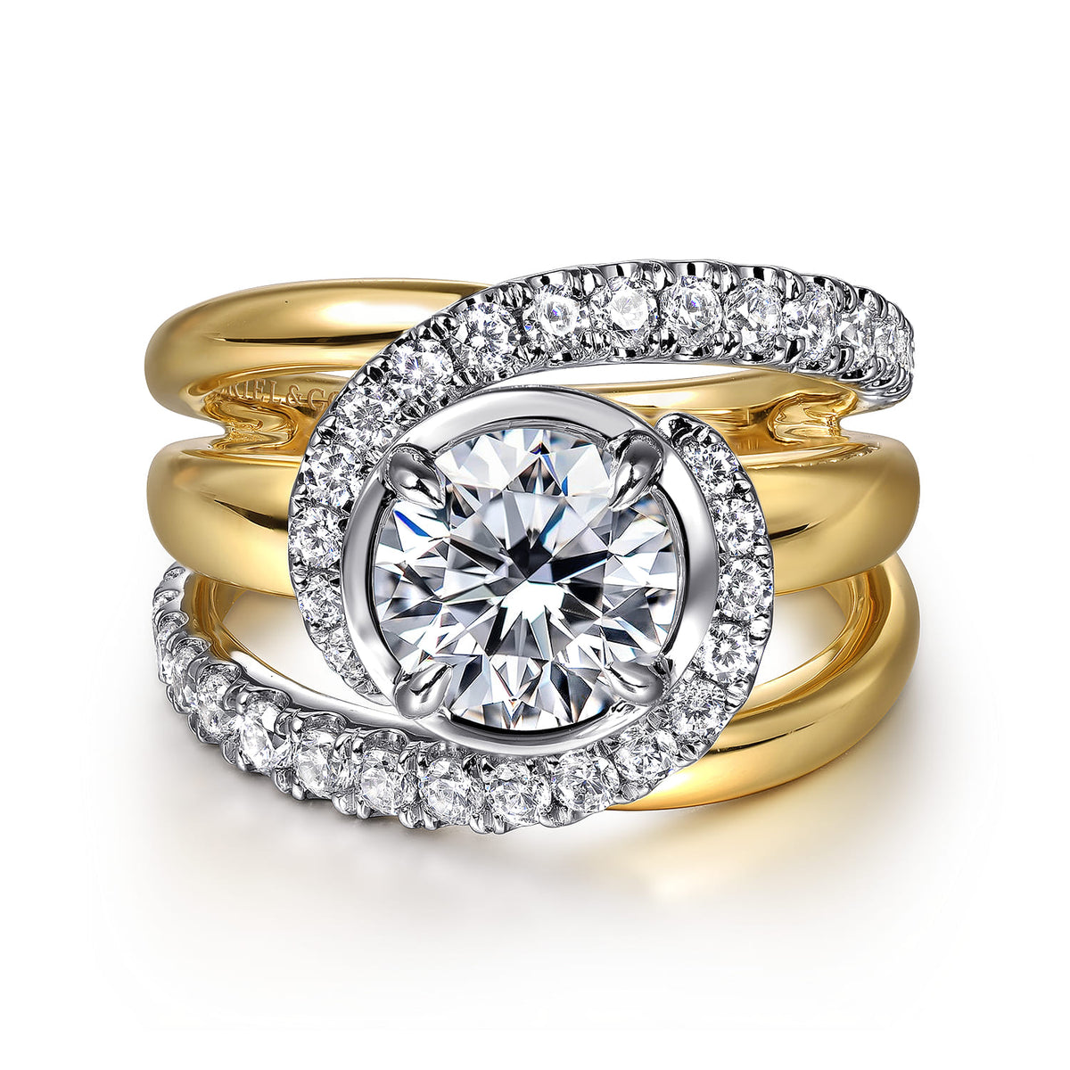 14K White-Yellow Gold Fancy Halo Round Diamond Engagement Ring — Gabriel & Co. ER16520R6M44JJ; center stone shown for illustration, not included