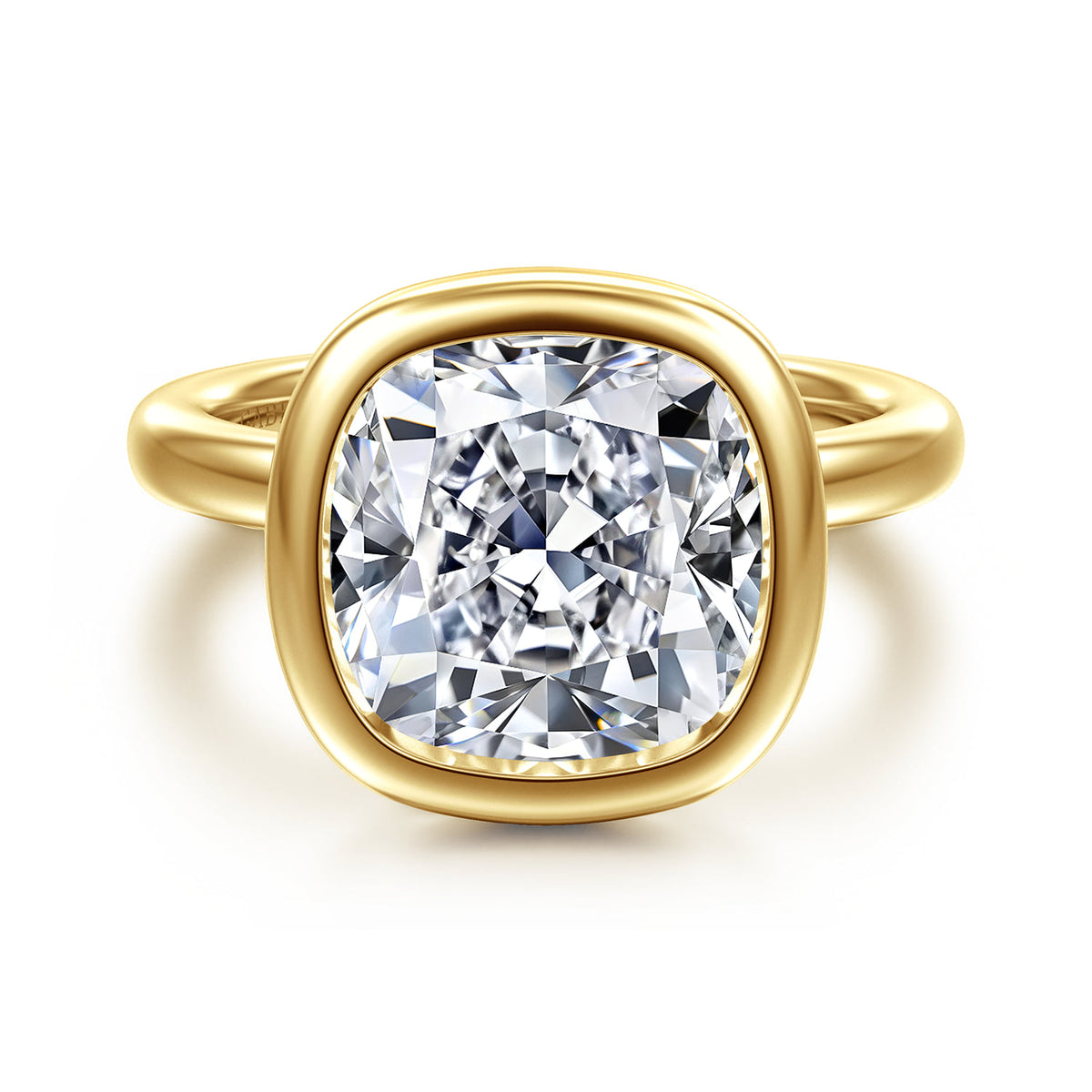 14K Yellow Gold Cushion Cut Bezel Set Diamond Engagement Ring — Gabriel & Co. ER16526C20Y4JJJ; center stone shown for illustration, not included
