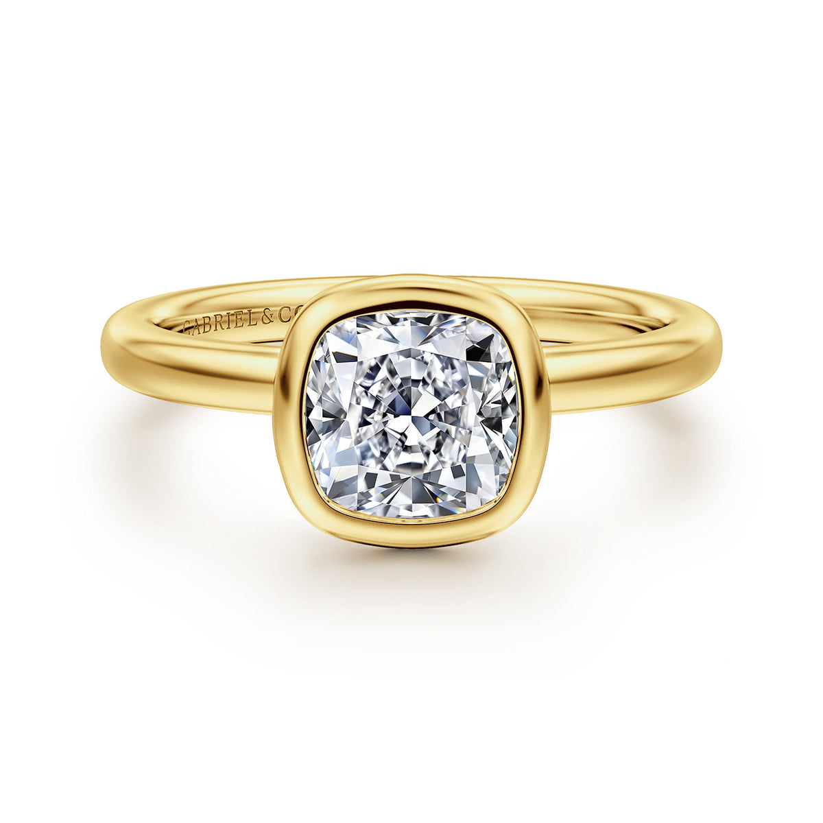 14K Yellow Gold Cushion Cut Bezel Set Diamond Engagement Ring — ER16526C6Y4JJJ; center stone shown for illustration, not included