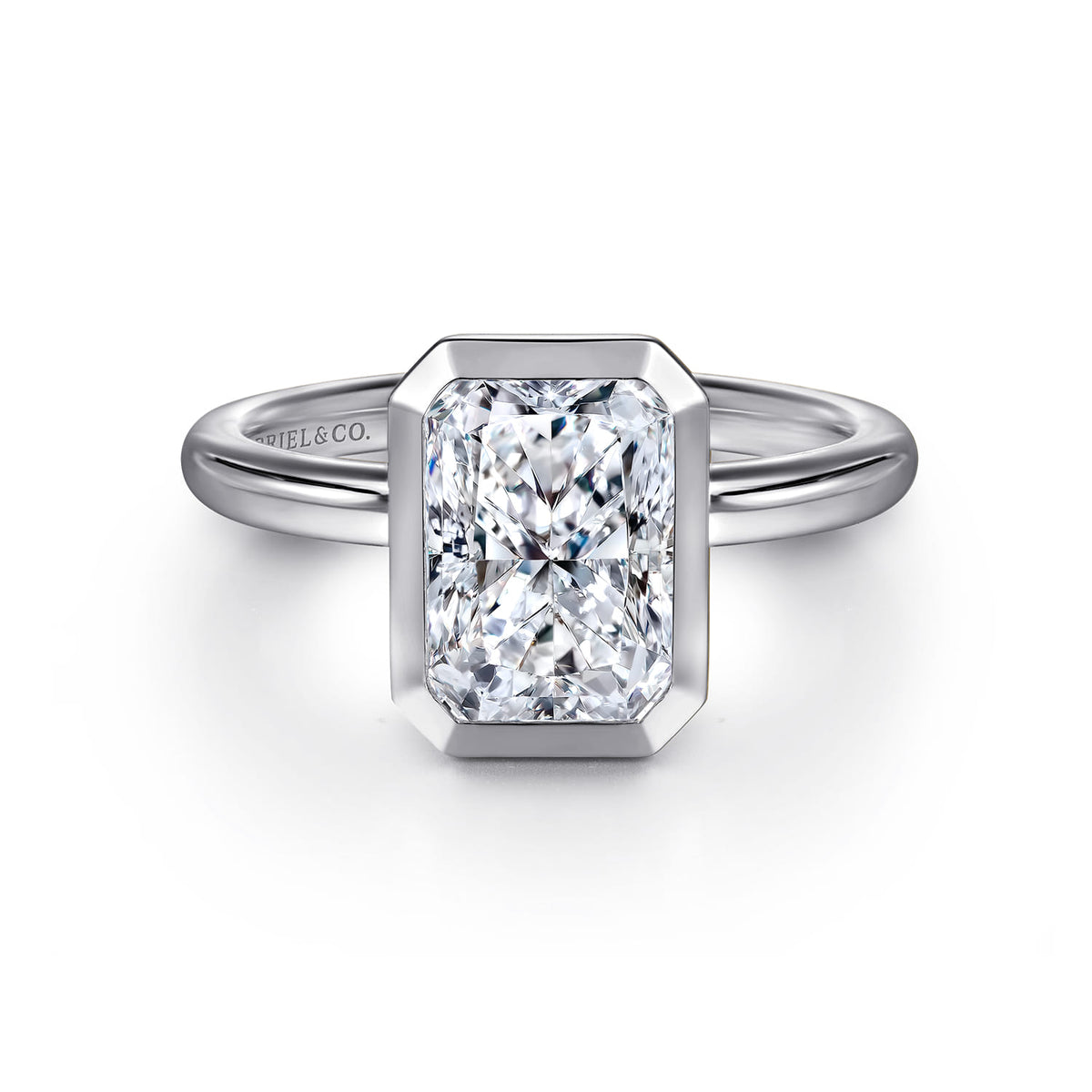 14K White Gold Radiant Cut Bezel Set Diamond Engagement Ring — ER16526N8W4JJJ; center stone shown for illustration, not included