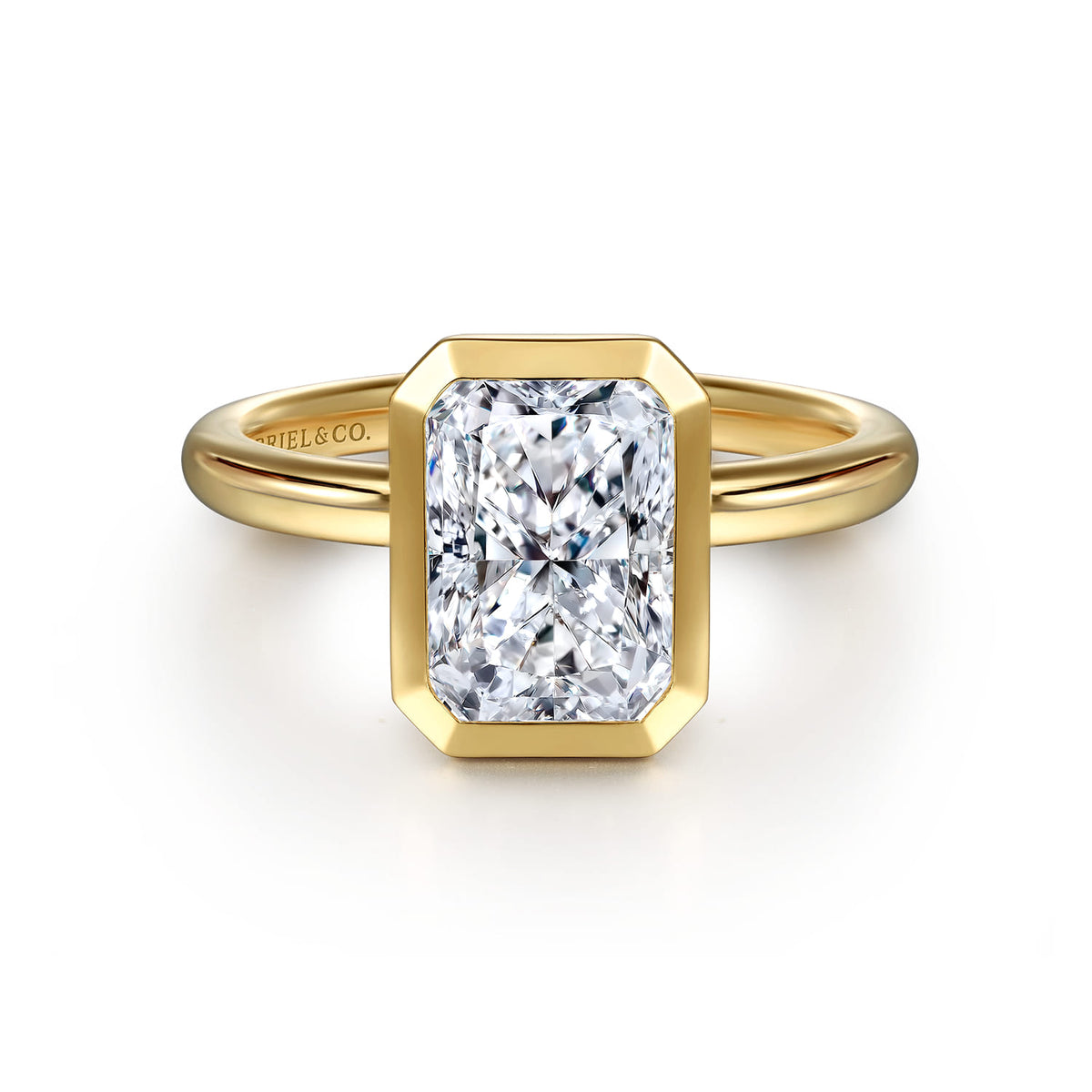 14K Yellow Gold Radiant Cut Bezel Set Diamond Engagement Ring — ER16526N8Y4JJJ; center stone shown for illustration, not included