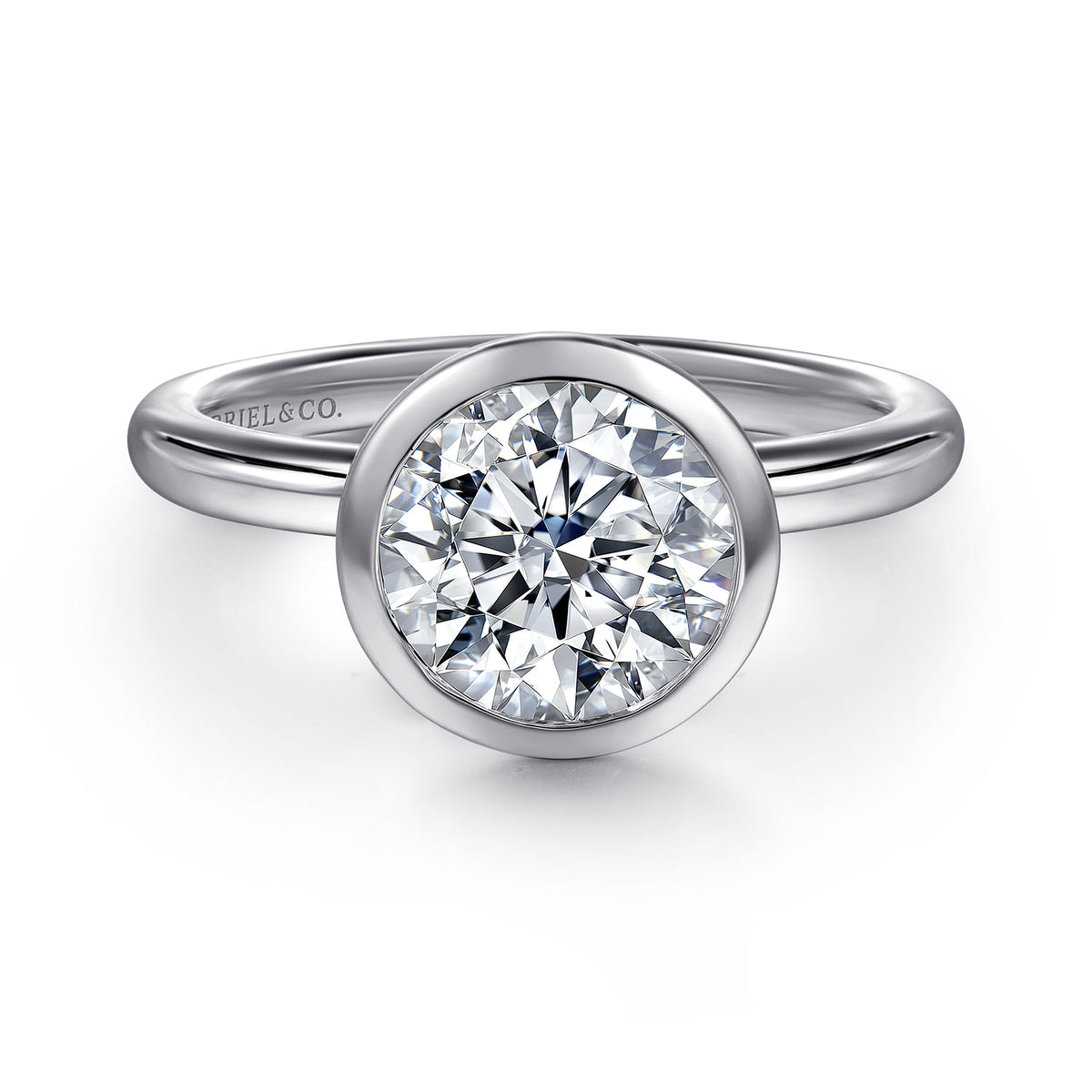 14K White Gold Round Bezel Set Diamond Engagement Ring — Gabriel & Co. ER16526R8W4JJJ; center stone shown for illustration, not included