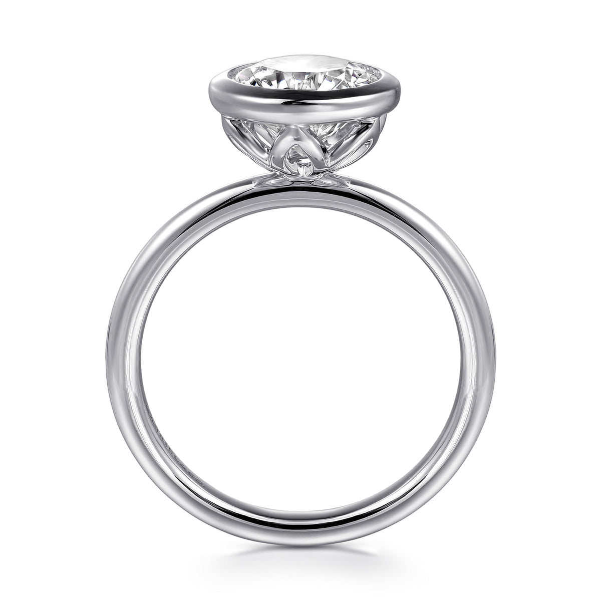 14K White Gold Round Bezel Set Diamond Engagement Ring — Gabriel & Co. ER16526R8W4JJJ; center stone shown for illustration, not included