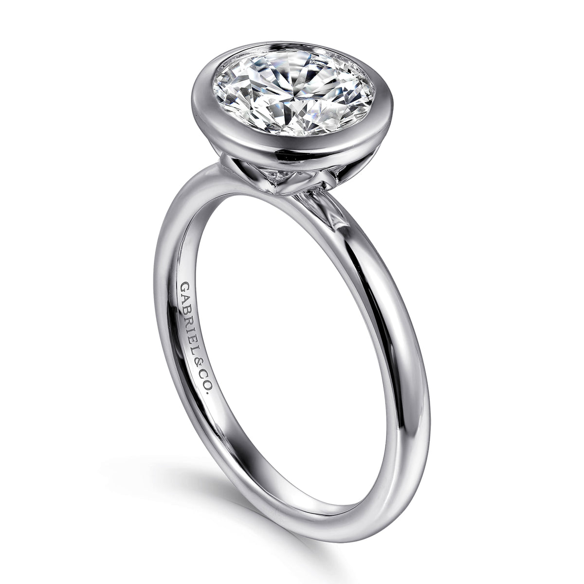 14K White Gold Round Bezel Set Diamond Engagement Ring — Gabriel & Co. ER16526R8W4JJJ; center stone shown for illustration, not included
