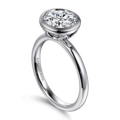 14K White Gold Round Bezel Set Diamond Engagement Ring — Gabriel & Co. ER16526R8W4JJJ; center stone shown for illustration, not included