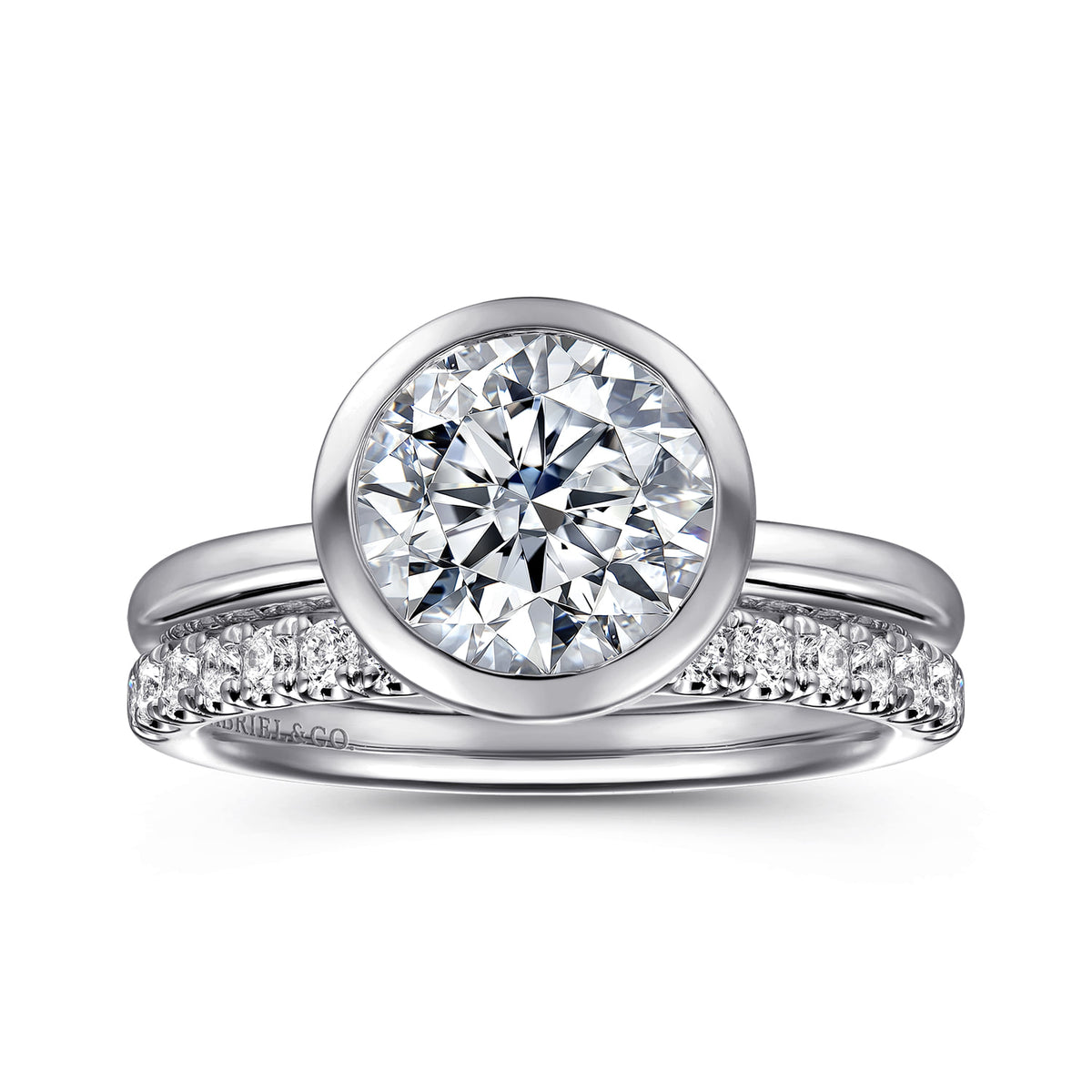 14K White Gold Round Bezel Set Diamond Engagement Ring — Gabriel & Co. ER16526R8W4JJJ; center stone shown for illustration, not included