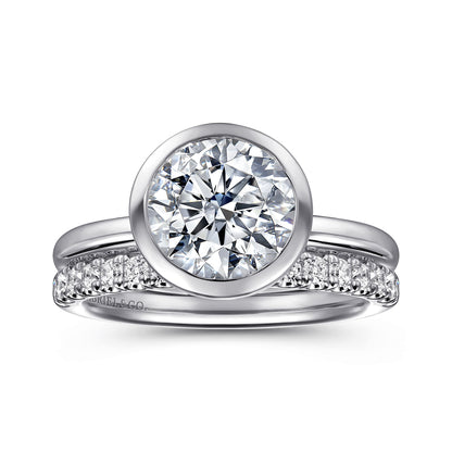 14K White Gold Round Bezel Set Diamond Engagement Ring — Gabriel & Co. ER16526R8W4JJJ; center stone shown for illustration, not included