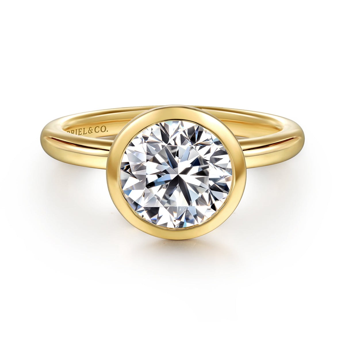 14K Yellow Gold Bezel Set Round Diamond Engagement Ring — Gabriel & Co. ER16526R8Y4JJJ; center stone shown for illustration, not included