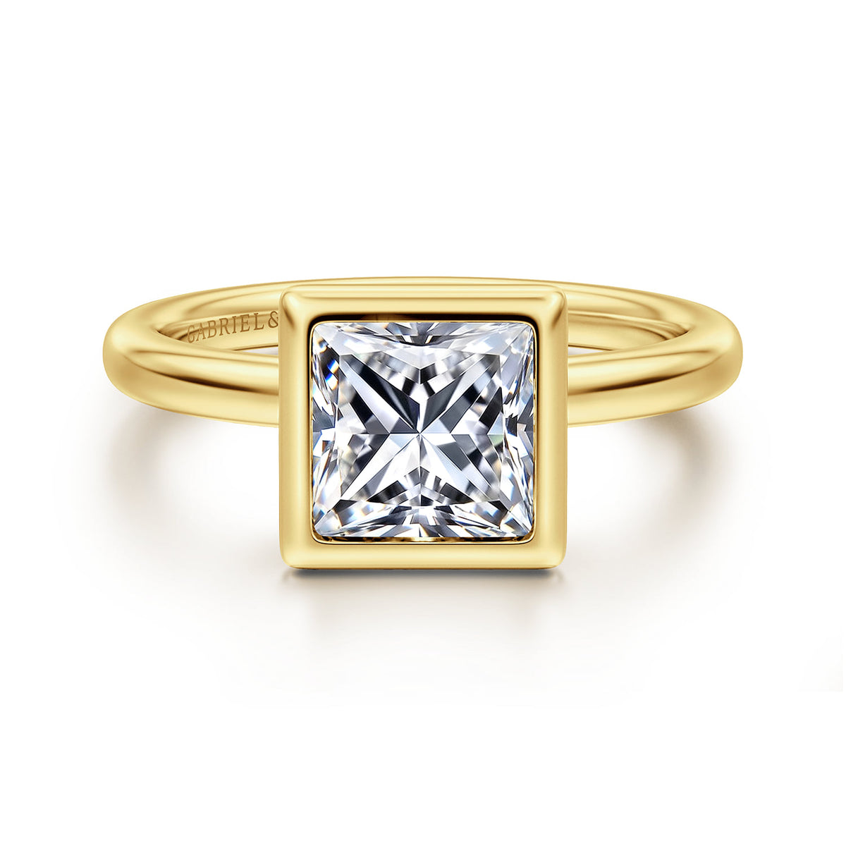14K Yellow Gold Princess Cut Bezel Set Diamond Engagement Ring — ER16526S6Y4JJJ; center stone shown for illustration, not included