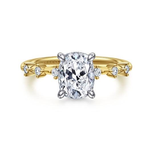14K White-Yellow Gold Elongated Cushion Diamond Engagement Ring — Gabriel & Co. ER16530G7M44JJ; center stone shown for illustration, not included
