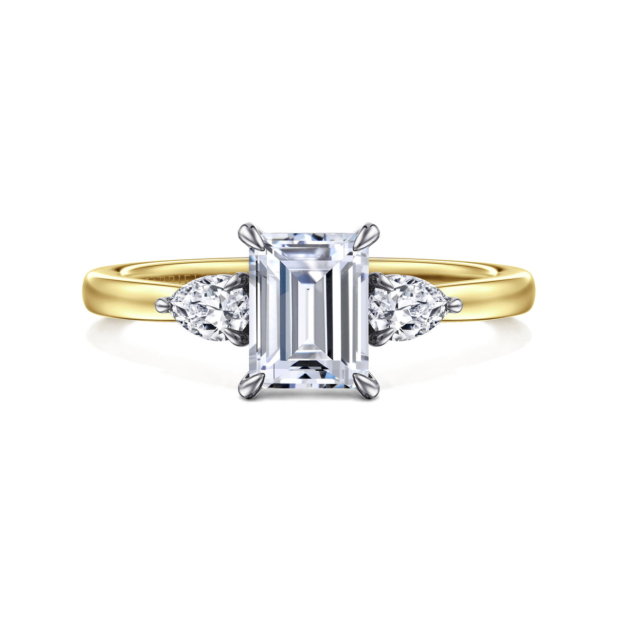 14K White-Yellow Gold Emerald Cut Three Stone Diamond Engagement Ring — ER16551E4M44JJ; center stone shown for illustration, not included