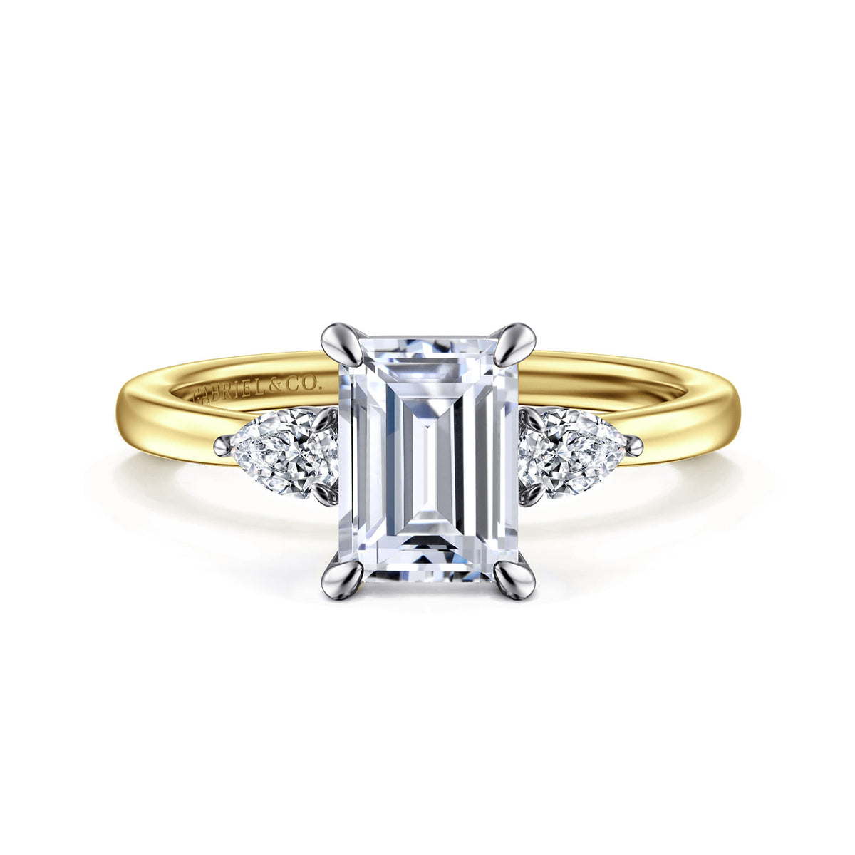 14K White-Yellow Gold Emerald Cut Three Stone Diamond Engagement Ring — ER16551E6M44JJ; center stone shown for illustration, not included