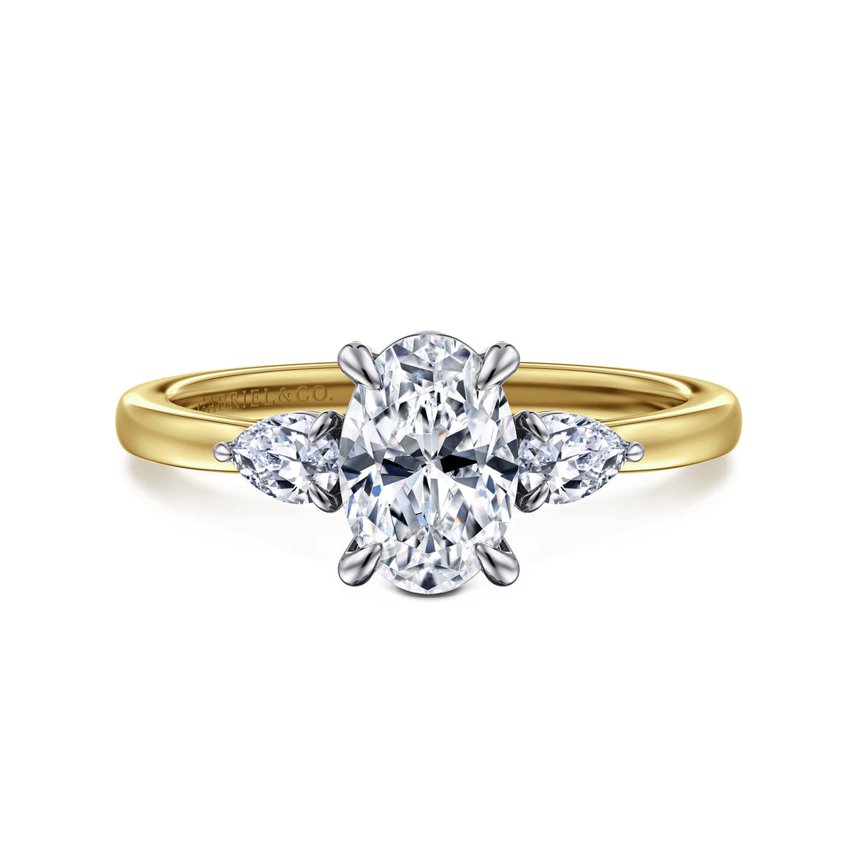 14K White-Yellow Gold Oval Three Stone Diamond Engagement Ring — ER16551O4M44JJ; center stone shown for illustration, not included